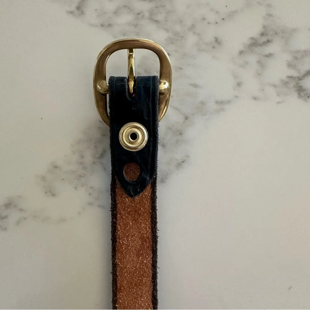 Vintage Textured Leather Medium Leather Belt Gold Tone Oval Buckle Navy Blue S